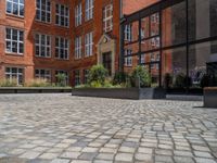 several plants sit in decorative concrete planters along the sidewalk of a building that is very modern