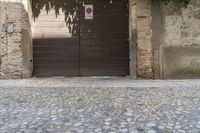 the building with an open doorway is on cobblestone pavement near a wooden door