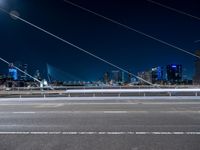 an evening view shows a city and its light trails down the street, with a bike lane to the left