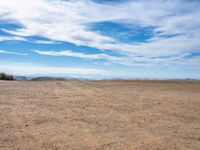 an empty dirt field with bare trees on top and some blue sky in the distance