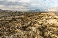 an expansive view of a desert on a cloudy day with mountains in the background as the sun shines on the mountains