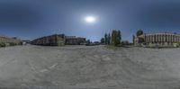 the three buildings are empty, near each other in this 360 - mirror image that makes it seem that you're really trying