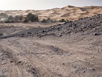 a truck on a dirt road in the desert with rocks and stones on the ground