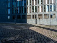 an outside area with some buildings and brick pavers in it, including a small tree