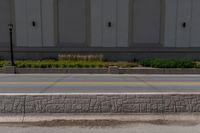 a fire hydrant standing next to a curb near a building and bushes and grass