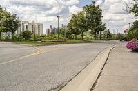 a fire hydrant in a deserted street with trees and buildings in the background '