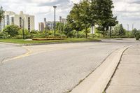 a fire hydrant in a deserted street with trees and buildings in the background '