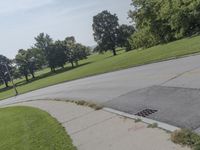 a fire hydrant sitting on the side of a road near grass and trees -