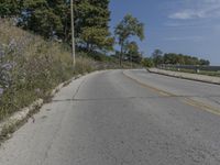 a fire hydrant sitting on the side of a road near grass and trees -