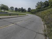 a fire hydrant sitting on the side of a road near grass and trees -