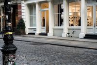 the fire hydrant outside of a brick storefront with shop windows and white pillars