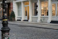 the fire hydrant outside of a brick storefront with shop windows and white pillars