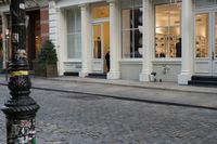 the fire hydrant outside of a brick storefront with shop windows and white pillars