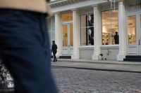 the fire hydrant outside of a brick storefront with shop windows and white pillars