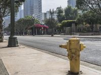 a fire hydrant on the sidewalk in front of a light pole with buildings in the distance