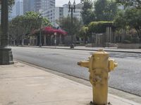 a fire hydrant on the sidewalk in front of a light pole with buildings in the distance