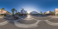 a circle shaped image shows what it looks like in this photo of a downtown area