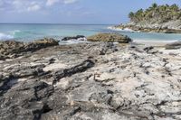 the beach is made up of rocks and boulders on the shore, and the ocean with palm trees