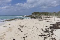 a beach has many footprints and rocks, sand, and clear water as well as waves