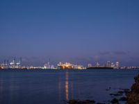 a city is seen across the water at dusk, with buildings in the background on a rocky coast