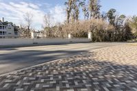 the pavement is made of squares of various sizes and colors, near trees in a yard