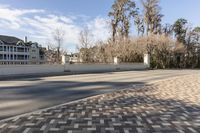 the pavement is made of squares of various sizes and colors, near trees in a yard