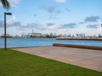 a view of a large body of water near the shore line of a city with tall buildings in the background