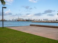 a view of a large body of water near the shore line of a city with tall buildings in the background