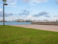 a view of a large body of water near the shore line of a city with tall buildings in the background