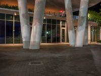 a night time image of some empty walkway next to an entrance to a building with glass windows