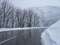 an asphalt road with snow covered trees lining the sides of it and on top of the road is a slope with a road sign near by the road