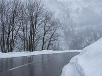 an asphalt road with snow covered trees lining the sides of it and on top of the road is a slope with a road sign near by the road