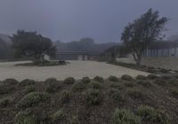 a house in a foggy place, with a road on it in front of the building