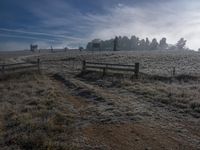 the fog rises over a fence on the side of the road, while the sun shines