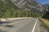 a highway going down into a big wooded landscape in the mountains under a clear sky
