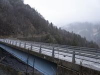 the train has stopped at the high speed on the bridge in the mountains, waiting for someone to take off