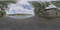 a fish eye lens is shown on the street in front of trees and a bridge