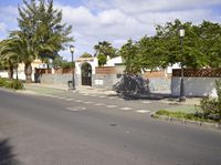 a man on his bicycle on a road with buildings and palm trees in the background