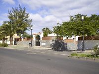 a man on his bicycle on a road with buildings and palm trees in the background