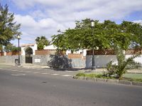 a man on his bicycle on a road with buildings and palm trees in the background