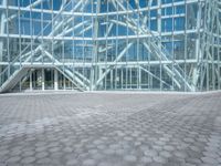 a woman standing outside a large glass building that is designed to resemble a hexagonal structure