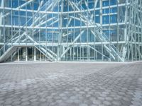 a woman standing outside a large glass building that is designed to resemble a hexagonal structure