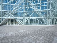 a woman standing outside a large glass building that is designed to resemble a hexagonal structure