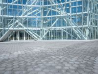 a woman standing outside a large glass building that is designed to resemble a hexagonal structure