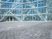 a woman standing outside a large glass building that is designed to resemble a hexagonal structure