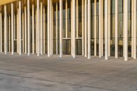 a man with a backpack sitting on a brick floor next to a building that has columns inside