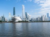 a large body of water surrounded by tall buildings in the distance and other buildings in the background