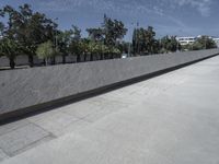 a young man riding a skateboard down a cement covered road area next to trees