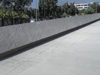 a young man riding a skateboard down a cement covered road area next to trees