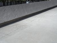 a young man riding a skateboard down a cement covered road area next to trees